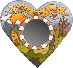 Heart Shaped Mirror –  Follow your Heart heart-shaped mirror with sun setting over the mountain range motif Heart Shaped Mirror, Wooden Nativity Sets, Cupcake Coloring Pages, Leather Restoration, Sticks Furniture, Object Art, Shaped Mirror, Stick Art, Sun Setting