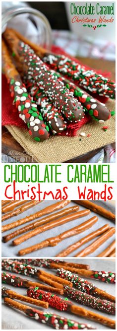 chocolate caramel christmas wands with sprinkles on top and in the middle