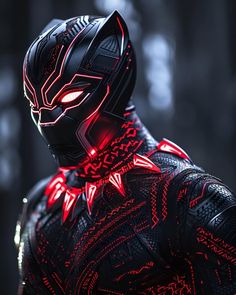 a close up of a person wearing a black panther costume with red lights on their chest