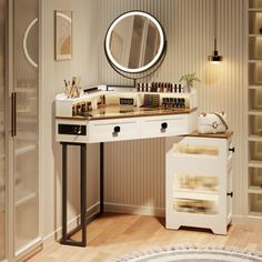 a dressing table with makeup on it in front of a mirror and shelves filled with cosmetics