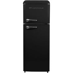 a black refrigerator freezer sitting on top of a white wall