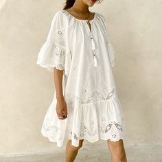 Women's Boho Beach Dress Summer White Bohemian Hollow Out Mini Dress