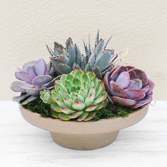 an arrangement of succulents in a bowl on a table