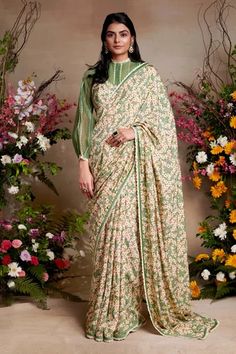 Shop for Shasha Gaba Green Vis Chanderi Printed Flourish Saree With Blouse for Women Online at Aza Fashions Work On Blouse, Floral Saree, Elegant Blouse Designs, Saree Blouse Designs Latest, Green Saree, Blouse Designs Latest, Blouse For Women, Satin Color, Floral Print Blouses