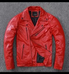 New Men Red Leather Jacket Genuine Sheepskin Coat Motorcycle Byker SPECIFICATIONS Type: Slim Thickness: STANDARD Style: Moto & Biker Sleeve Length(cm): Full Pattern Type: Solid Outerwear Type: Leather & Suede Origin: Mainland China Material: Sheepskin Lining Material: Cotton Hooded: No Gender: MEN Decoration: Zippers,Pockets Collar: Turn-down Collar Clothing Length: Short Closure Type: zipper Applicable Season: Four Seasons Applicable Scene: Trip Designer Red Leather Outerwear, Designer Leather Biker Jacket For Winter, Red Leather Biker Jacket For Streetwear, Red Winter Biker Jacket, Red Leather Outerwear For Streetwear, Luxury Red Leather Jacket, Red Leather Winter Outerwear, Designer Biker Jacket For Business In Winter, Designer Red Leather Jacket For Winter