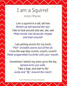 i am a squirrel poem with red chevron background and white text that reads, i am a squirrel action rhyme