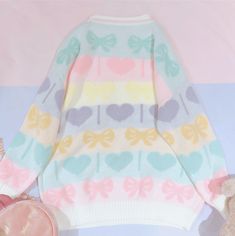 Cute Pink Heart Print Sweater, Cute Multicolor Long Sleeve Sweater, Pastel Clothes, Fancy Sweater, Goth Shop, Trans Flag, Kitty Clothes, Hello Kitty Clothes, Bow Sweater