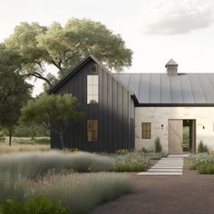 an artist's rendering of a modern farmhouse style home in the middle of a field