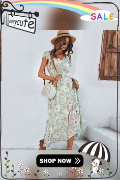 Vestidos Vintage Ruffles Print Short Sleeve Summer Beach Sweet Dresses Casual V Neck Floral Maxi Long Dress Vestidos Mujer Sweet Dresses Casual, Long Floral Maxi Dress, Sweet Dresses, Maxi Long Dress, Printed Skirt, India And Pakistan, Womens Floral Dress, Vestidos Vintage, Sweet Dress