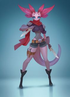 an animated female character with pink hair and blue eyes, holding two swords in her hands