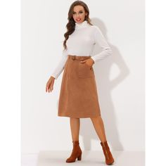 Bring a classic fall vibe to smart casual ensembles with this beautifully a-line belted skirt. Updating your wardrobe with this faux suede pocket skirt which features an A-line silhouette for a universal body shape. Merging feminine and modern styles, this skirt is made of stretchy faux suede, which is comfortable and chic for the fall/winter season. Matching timeless knitwear, a blouse, and retro leather boots or high heels for a smart feminine impression. Fall Workwear Belted Skirt, Belted Skirt For Fall Workwear, Belted Skirt For Workwear In Fall, Brown Belted Skirt For Workwear, Brown Belted Skirt For Work, Fall Brown Belted Skirt, Fall Knee-length Belted Skirt, Fall Office Belted Skirt, Brown Office Skirt With Pockets