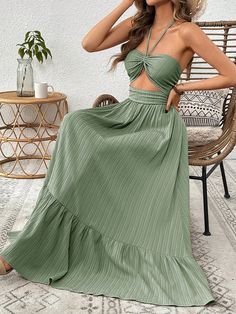 Women's Solid Color Texture Fabric Halter Strap Sleeveless Dress Green Casual  Sleeveless Fabric Plain Cami Non-Stretch  Women Clothing, size features are:Bust: ,Length: ,Sleeve Length: Vestidos Color Verde, Beach Dress Ideas, Island Style Clothing, Long Green Dress, Texture Fabric, Halter Strap, Maxi Dress Green, Vacation Dresses, Spring Summer Dress