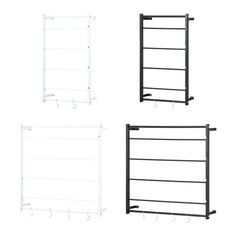 three different types of towel racks against a white background, one is black and the other two are white