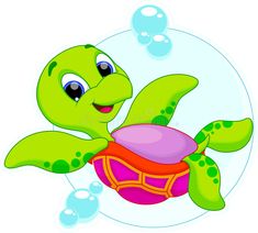 a cartoon turtle swimming in the water with bubbles