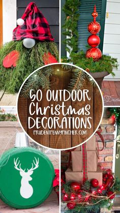 outdoor christmas decorations with text overlay that reads, 60 outdoor christmas decorations including wreaths and ornaments