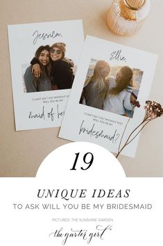 two cards with the text 19 unique ideas to ask you be my bridesmaid