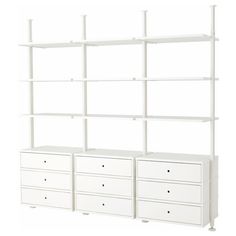 a white shelving unit with drawers and shelves on each side, against a white background