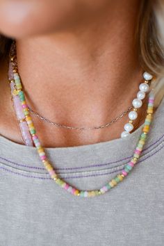 Add a pop of color to your outfit with our Rainbow Necklace Luxe- Easy Does It! This on trend necklace stack features vibrant gemstones, making it a best seller with five stars. Stand out and be the envy of others with this playful and stylish piece. Product Details: 16" lobster claw 2" extender charm not included Trend Necklace, Skort Outfit, Nickel And Suede, Easy Does It, Necklace Stack, Rainbow Necklace, Autumn Sales, Cherry On Top, Top Collection