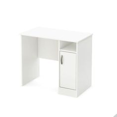 the desk is white and has a drawer on one side, and an open door on the other