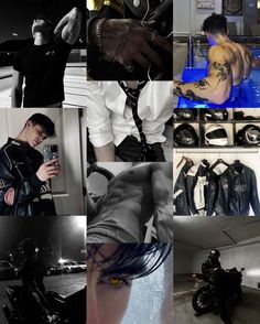 a collage of photos with men and women in leather jackets, motorcycle gear, and tattoos