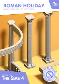 the cover of roman holiday mini collection by littleidea, featuring three pillars and a spiral staircase