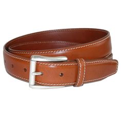 Italian vegetable dyed smooth calfskin features a natural vegetable dyed leather lining for a full genuine leather belt. The solid brass buckle has a silver tone and features a roller. Expertly stitched with contrast thread, this item is made by hand in America. Made of Italian Vegetable Dyed Calfskin Brown Bridle Leather Belt With Removable Buckle, Classic Bridle Leather Belt With Removable Buckle, Classic Brown Bridle Leather Belt, Classic Business Belt In Bridle Leather, Classic Bridle Leather Business Belt, Classic Bridle Leather Belt For Business, Formal Brown Calf Leather Belt, Classic Leather Belt Buckles With Removable Belt, Classic Bridle Leather Belt And Suspenders