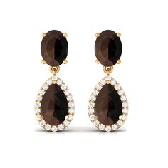 Product Details 4.25 CT Smoky Quartz and Diamond Dangle Drop Earrings Product Information SKU SHP-EARRINGS062190533 Length 18.3 mm Width 7.9 mm Height 5 mm Weight 2.76 gm (Approximate) SMOKY QUARTZ INFORMATION No.of Stones 4 Pieces Total Weight 3.80 Carat (Approximate) Dimension(approx) Oval-5X7 mm-2 PcsPear-6X8 mm-2 Pcs Color Brown Cut Brilliant Shape Oval, Pear Setting Type Prong-Setting Quality Grade AAA DIAMOND INFORMATION No.of Stones 40 Pieces Total Weight 0.40 Carat (Approximate) Dimensio Brown Diamond Earrings, Brown Earrings, Halo Setting, Brown Diamond, Signature Jewelry, Timeless Jewelry, Smoky Quartz, Conflict Free Diamonds, Diamond Earrings