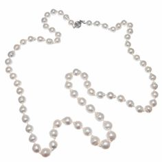 High luster natural color silvery white South Sea cultured pearls 9 to 11.2mm and 36 inches long. Natural color, not dyed. Circa 1950 to 1960. 72 natural silvery white not dyed cultured Baroque South Sea pearls, excellent luster 100.4 grams Tested and stamped: 14k Length: 36 inches Luxury White Pearl Necklace With Sterling Silver Clasp, Classic White Gold Pearl Necklace In Pear Shape, White Pearl Necklace With High Luster For Anniversary, White High Luster Pearl Necklace For Anniversary, Timeless Silver Pearl Necklace With Round Beads, Classic Pear-shaped Pearl Necklace For Formal Occasions, White Akoya Pearl Necklace With High Luster, White High Luster Pearl Necklace With Round Beads, Timeless White Single Strand Pearl Necklace