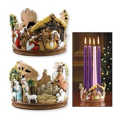 three candles with nativity scene on them