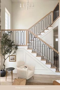 a living room filled with furniture and a fire place next to a stair case in front of a stone wall