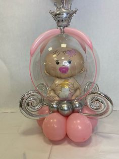 a teddy bear sitting on top of two balloons in front of a light bulb holder