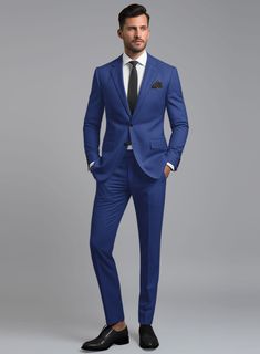 Make a bold statement with our Royal Blue Suit, a mix of impeccable style and unparalleled quality. Expertly crafted from a luxurious wool blend, this suit offers a sleek silhouette and a striking royal blue shade that commands attention. Perfect for making an impression at the office or captivating at special events, our blue suit ensures you're always the best dressed in the room. Experience perfect luxury and comfort, and make every moment an occasion to remember. Elevate your wardrobe today Royal Blue Men Suit Outfit, Elegant Blue Double Breasted Suit For Semi-formal Occasions, Elegant Royal Blue Tuxedo With Suit Collar, Fitted Blue Tuxedo For Semi-formal Occasions, Semi-formal Fitted Blue Tuxedo, Royal Fitted Tuxedo For Formal Occasions, Royal Fitted Tuxedo For Formal Events, Blue Fitted Tuxedo For Formal Occasions, Formal Fitted Blue Tuxedo