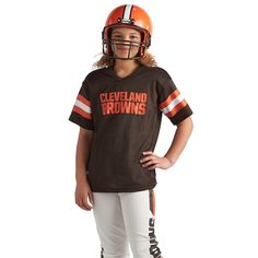 He'll feel like a member of theÂ teamÂ in this boys' Franklin Sports Cleveland Browns football uniform. WithÂ Browns graphics adorning the jersey and pants, he'll be the star of the living-room gridiron. In brown/multi. Athletic cut provides a roomy fit. Double-knit pants with elastic trim keep him running for a touchdown. Molded-plastic helmet with foam padding, face mask and adjustable chinstrap completes the outfit. Iron-on number kit lets him customize his look.Gift Givers: Th Pro Football Teams, Pretend Play Costumes, Cleveland Browns Football, Nfl Cleveland Browns, Browns Football, Football Uniform, Football Uniforms, Sports Uniforms, Jersey Pants