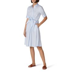 Blue and white printed linen  (100% cotton). Hourglass. Short sleeves. Shirt collar neckline. Tie Front - attached Side Pockets. 42.5" from shoulder to hemline. Imported. Luxury Blue Short Sleeve Shirt Dress, Light Blue Cheap Button-up Shirt Dress, Ralph Lauren Summer, Light Blue Button-up Shirt Dress For Daywear, Blue Belted Button-up Shirt Dress, Blue Button-up Shirt Dress With Placket, Tie Front Shirt, Front Tie Shirt, Ralph Lauren Blue