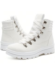 White Cool,Fashionable Collar   Plain Combat Boots,Snow Boots,Classic Boots Embellished   Women Shoes Sporty Mid-top Winter Boots, Winter Lace-up Ankle Boots With Padded Ankle, Winter High-top Weatherproof Lace-up Boots, Insulated Lace-up Boots For Winter Outdoor Activities, Winter Lace-up Ankle Boots With Lug Sole, Trendy Lace-up Winter Boots, Casual White Lace-up Hiking Boots, Waterproof High-top Platform Boots For Fall, Sporty Lace-up Boots For Outdoor Fall Activities