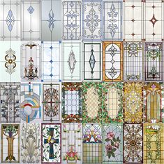 many different stained glass windows and doors with designs on them, all in different colors