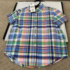 Size 5 Cute Blue Button-up Shirt, Collared Shirt For School In Summer, Collared Summer Shirt For School, Casual Pink Short Sleeve Shirt For Spring, Cute Button-up Shirt For Summer, Multicolor Cotton Short Sleeve Shirt For Spring, Green Shirt For School In Summer, Plaid Short Sleeve Preppy Tops, Preppy Short Sleeve Plaid Tops