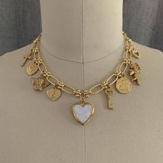 Handmade vintage inspired charms necklace，gold... - Depop Vintage Gold Charm Necklace, Vintage Charm Necklace, Chunky Charm Necklace, Charmed Necklace, Vintage Heart Necklace