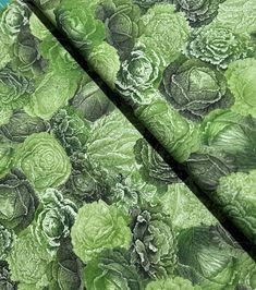 a green and black floral print fabric with leaves on the side, as well as an image of lettuce