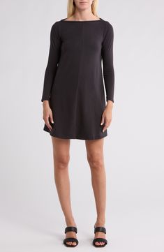 Enjoy the versatility of this long-sleeve trapeze dress cut from soft, lightweight French terry for easy-wear comfort. 33 1/2" length (size Small) Slips on over head Boat neck Long sleeves 47% polyester, 47% rayon, 6% spandex Machine wash, tumble dry Made in the USA Stretch Mini Dress For Fall Loungewear, Fall Loungewear Stretch Mini Dress, Fall Stretch Mini Dress For Loungewear, Long Sleeve Solid Dress For Layering, Solid Long Sleeve Dress For Layering, Fitted Long Sleeve Sweatshirt Dress For Fall, Boat Neck Long Sleeve, Concert Looks, Daytime Dresses