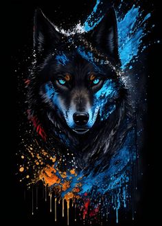 a wolf with blue eyes and splashing paint on it's face is shown