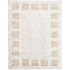 a white rug with brown squares on the bottom and beige stripes on the top, in front of a white background