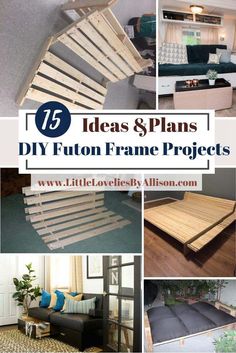 diy furniture made out of pallets and wooden slats with text overlay that says 15 ideas & plans