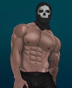 a drawing of a man with a skeleton mask on his face and no shirt, standing in front of a blue background