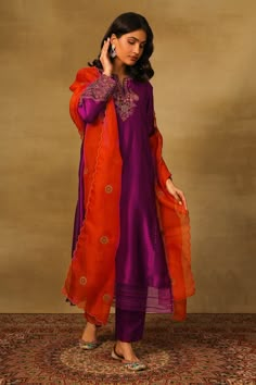 Shop for these amazing collections of Purple Kurta Dupion Silk Embroidery Dabka Notched Yoke Pant Set For Women by Neha Poddar online at Aza Fashions. Traditional Attires, Ritu Kumar, Trendy Dress Outfits, Dupion Silk, Straight Kurta, Kurta With Pants, Embroidery Suits, Fashion App, Silk Embroidery