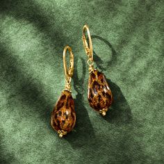 Ross-Simons - Italian Leopard-Print Murano Glass Drop Earrings in 18kt Yellow Gold Over Sterling. An RS exclusive. Get in on the animal-inspired craze! Our teardrop earrings feature one of today's hottest trends, leopard-print in Murano glass droplets. Crafted in Italy, each Murano bead is handmade, so no two are alike. Set in polished 18kt yellow gold over sterling silver. Hanging length is 1 3/4". Leverback, leopard-print Murano glass drop earrings. Elegant Hypoallergenic Bronze Earrings, Elegant Brown Pierced Teardrop Earrings, Elegant Brown Teardrop Pierced Earrings, Round Tortoiseshell Earrings For Gift, Tortoiseshell Round Earrings For Gift, Elegant Bronze Hypoallergenic Jewelry, Elegant Brown Hypoallergenic Earrings, Elegant Tortoiseshell Drop Earrings, Elegant Handmade Tortoiseshell Jewelry