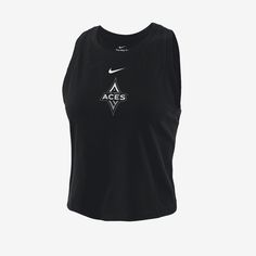 Keep cool and feel the sun on your shoulders as you rep the Las Vegas Aces in this cropped tank top. Black Cropped Sports Bra For Summer, Summer Cropped Black Sports Bra, Cropped Black Sports Bra For Summer, Cropped Tank Top For Summer Sports, Cropped Tank Top For Gym In Summer, Nike Black Sleeveless Top, Nike Black Sleeveless Tank Top, Nike Summer Racerback Activewear, Nike Cropped Activewear