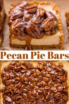 pecan pie bars with caramel toppings on top and bottom, in separate images