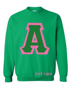 Alpha Kappa Alpha Chipmunk Sweater – Deference Clothing Inc. Green Letter Embroidery Sweatshirt For Streetwear, Green Sweatshirt With Letter Embroidery For Streetwear, Green Tops With Letter Embroidery For Winter, Green Top With Letter Embroidery For Winter, Green Tops For Fall Sports Events, Green Collegiate Sweatshirt For Sports, Green Letter Print Sweatshirt For Sports Season, Team-colored Cotton Sweatshirt For Fall, Green Collegiate Sweatshirt For Game Day