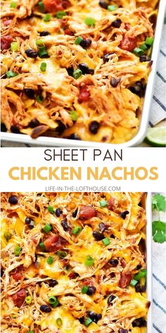 chicken nachos in a white casserole dish with cheese and black olives